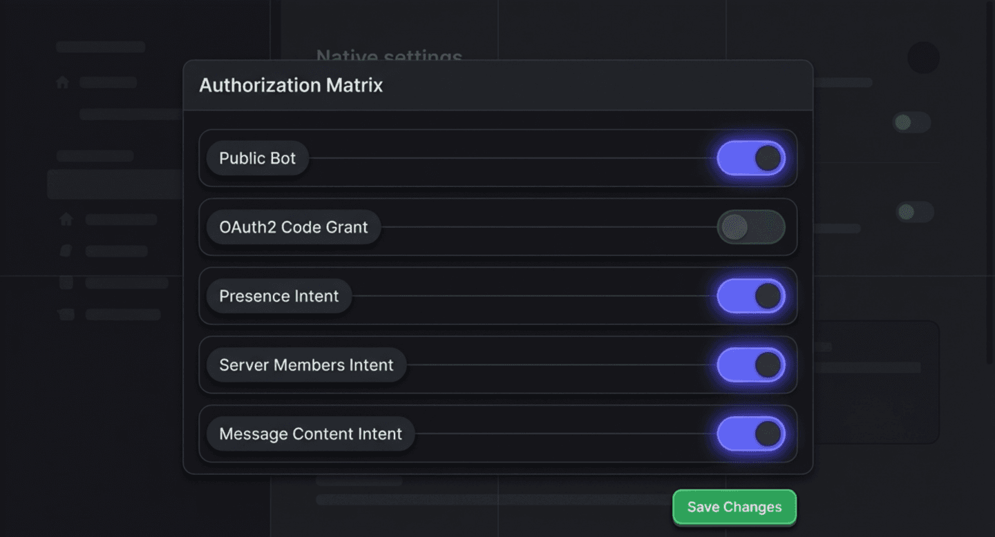 Bot settings — Privileged Gateway Intents with all toggles enabled and Save Changes button
